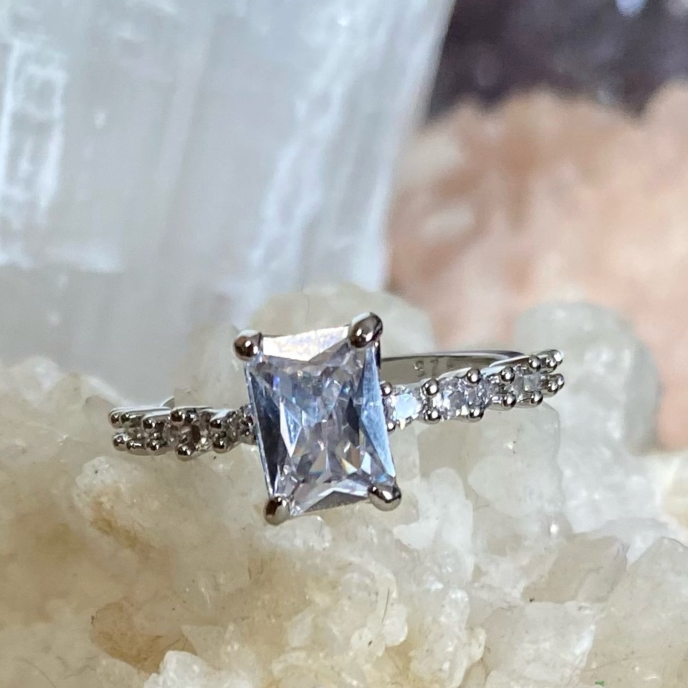 Emerald Cut 925 Sterling Silver Ring with AAA Zirconia Gemstones